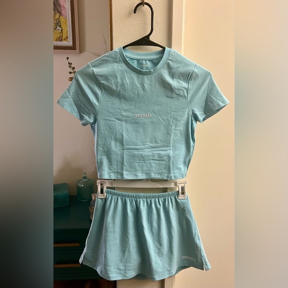 YoungLA Light Baby Blue Cropped Baby Tee and Matching Skort Set- LIKE NEW - Picture 4 of 12